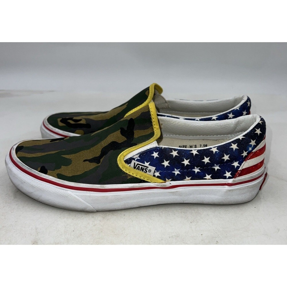 Vans Shoes Womens Size 7.5 Olive Camo Army USA Flag Classic Slip On Sneakers
